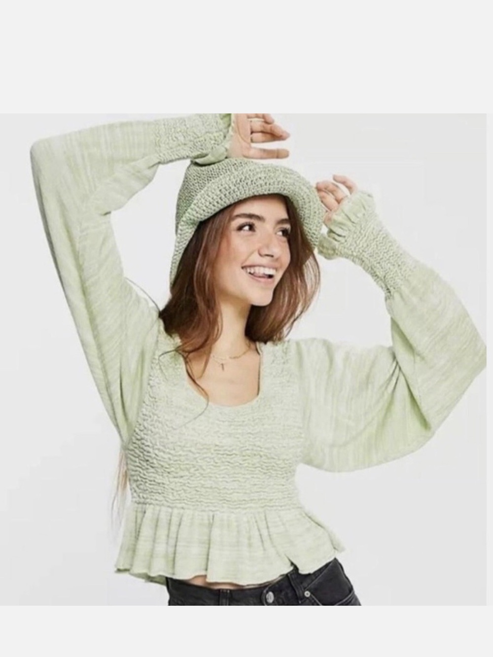 Free People Mint Smocked Peplum Long-Sleeve Top